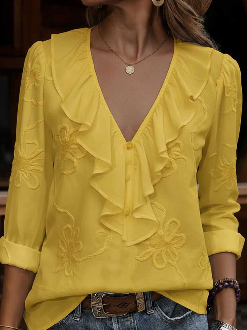 CHRISTINE | VINTAGE FLORAL EMBROIDERED FRILL V-NECK SHIRT