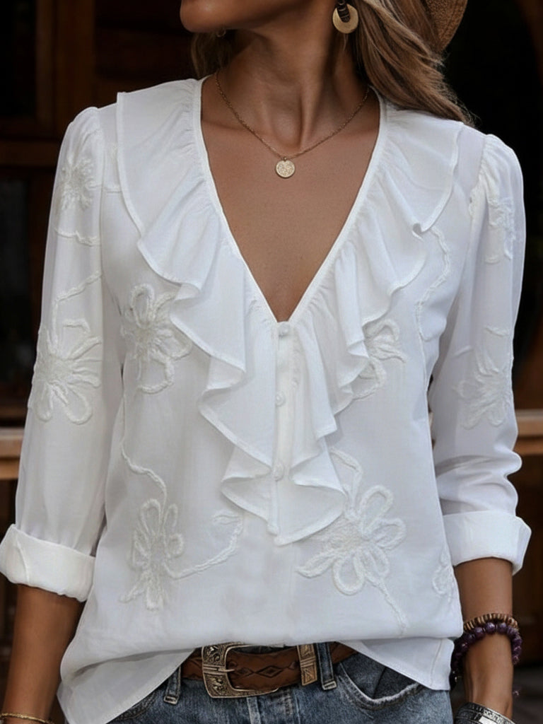 CHRISTINE | VINTAGE FLORAL EMBROIDERED FRILL V-NECK SHIRT
