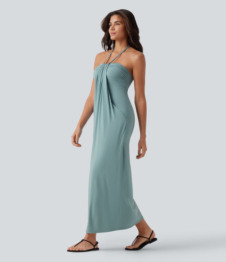 Mara Halter Tie Back Tummy Hiding Maxi Dress