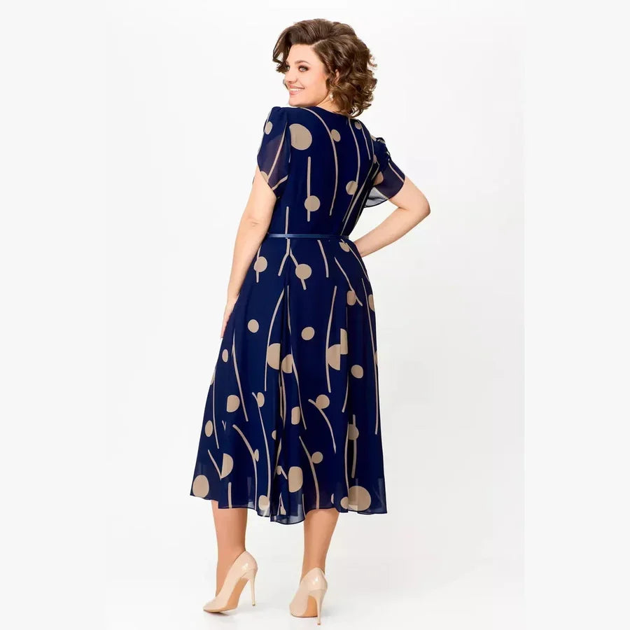 PETRA | NAVY POLKA DOT PRINT CHIFFON MIDI DRESS