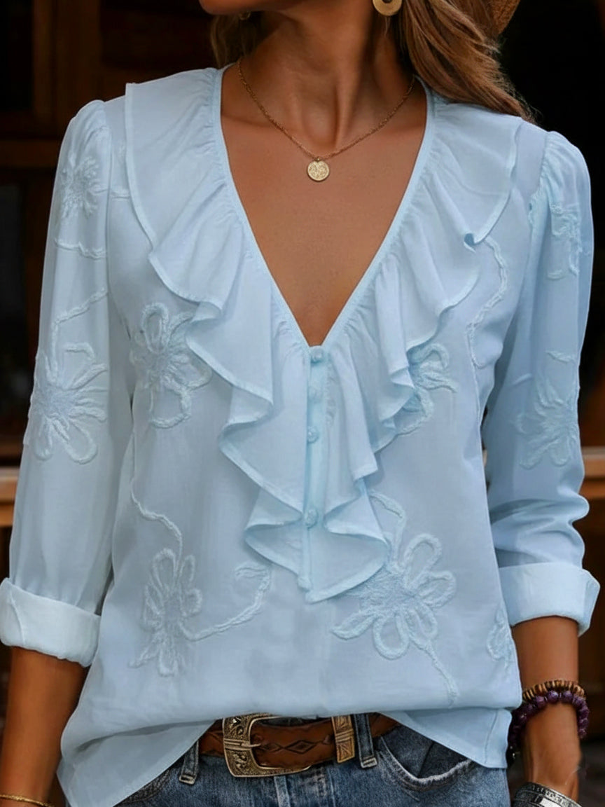 CHRISTINE | VINTAGE FLORAL EMBROIDERED FRILL V-NECK SHIRT