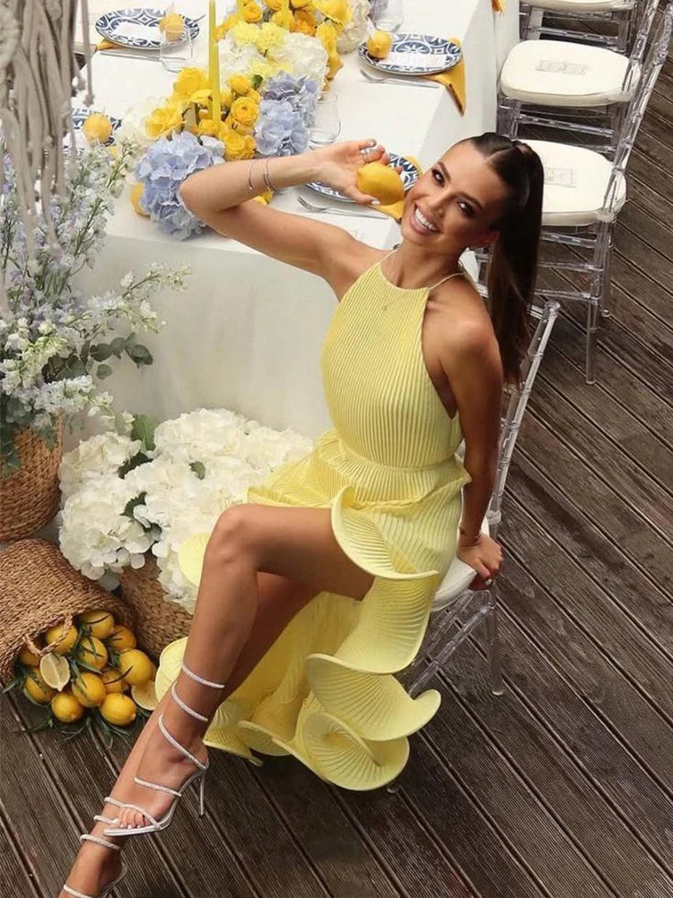 Beatrice High-Slit Ruffle Halter Dress