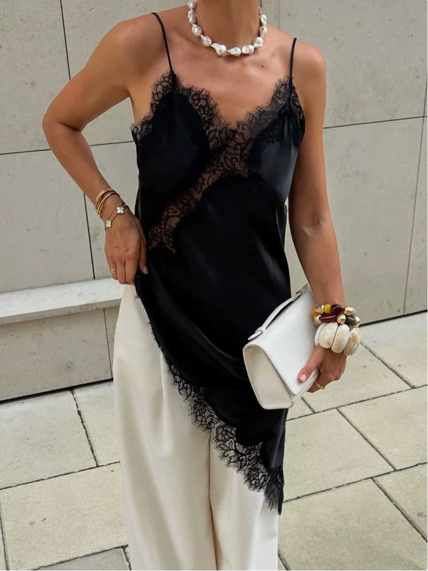 Noel Lace Trim Asymmetric Slip Dress