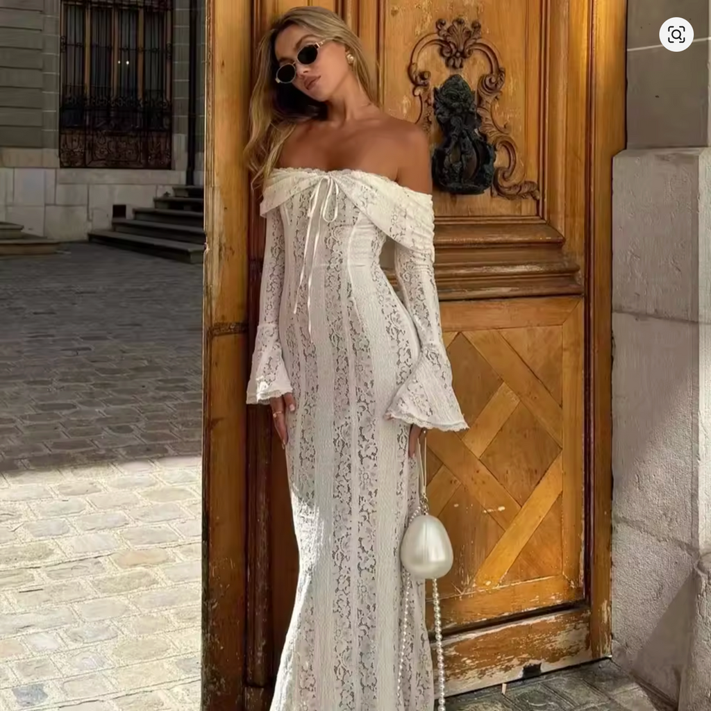 Ivory Crochet Bell Sleeve Maxi Dress