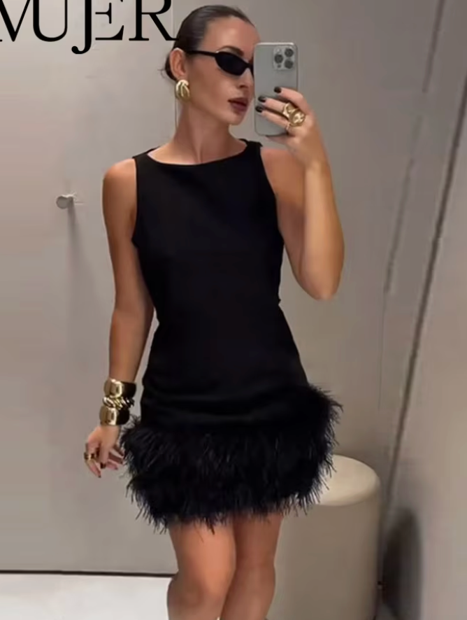 Aria Feather Trim Mini Dress