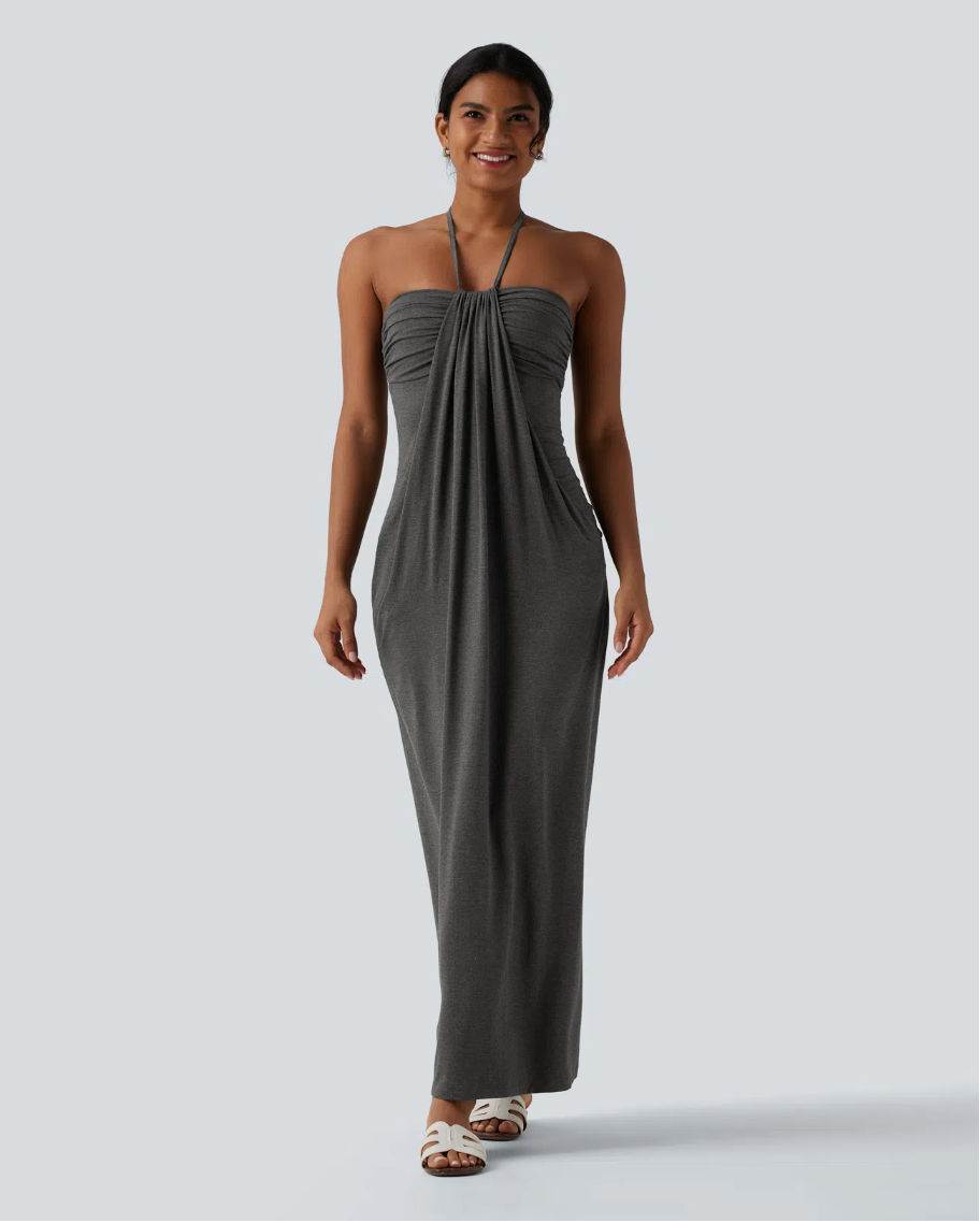 Mara Halter Tie Back Tummy Hiding Maxi Dress