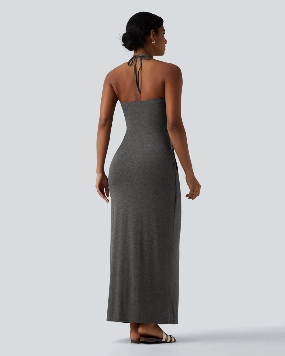 Mara Halter Tie Back Tummy Hiding Maxi Dress