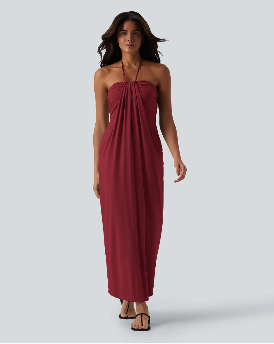 Mara Halter Tie Back Tummy Hiding Maxi Dress