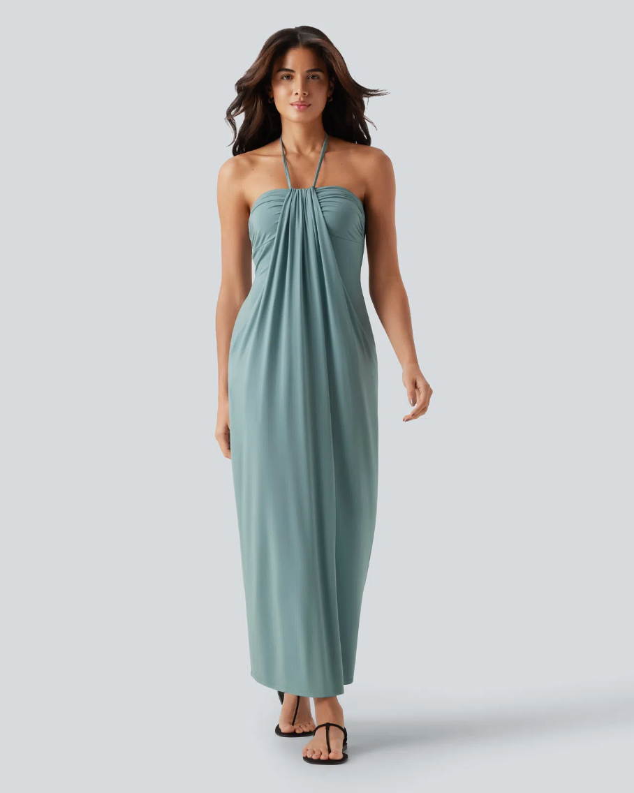 Mara Halter Tie Back Tummy Hiding Maxi Dress