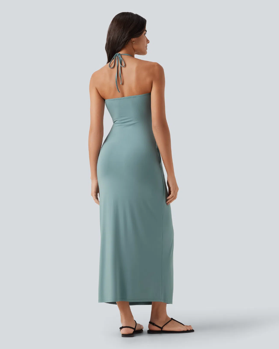 Mara Halter Tie Back Tummy Hiding Maxi Dress