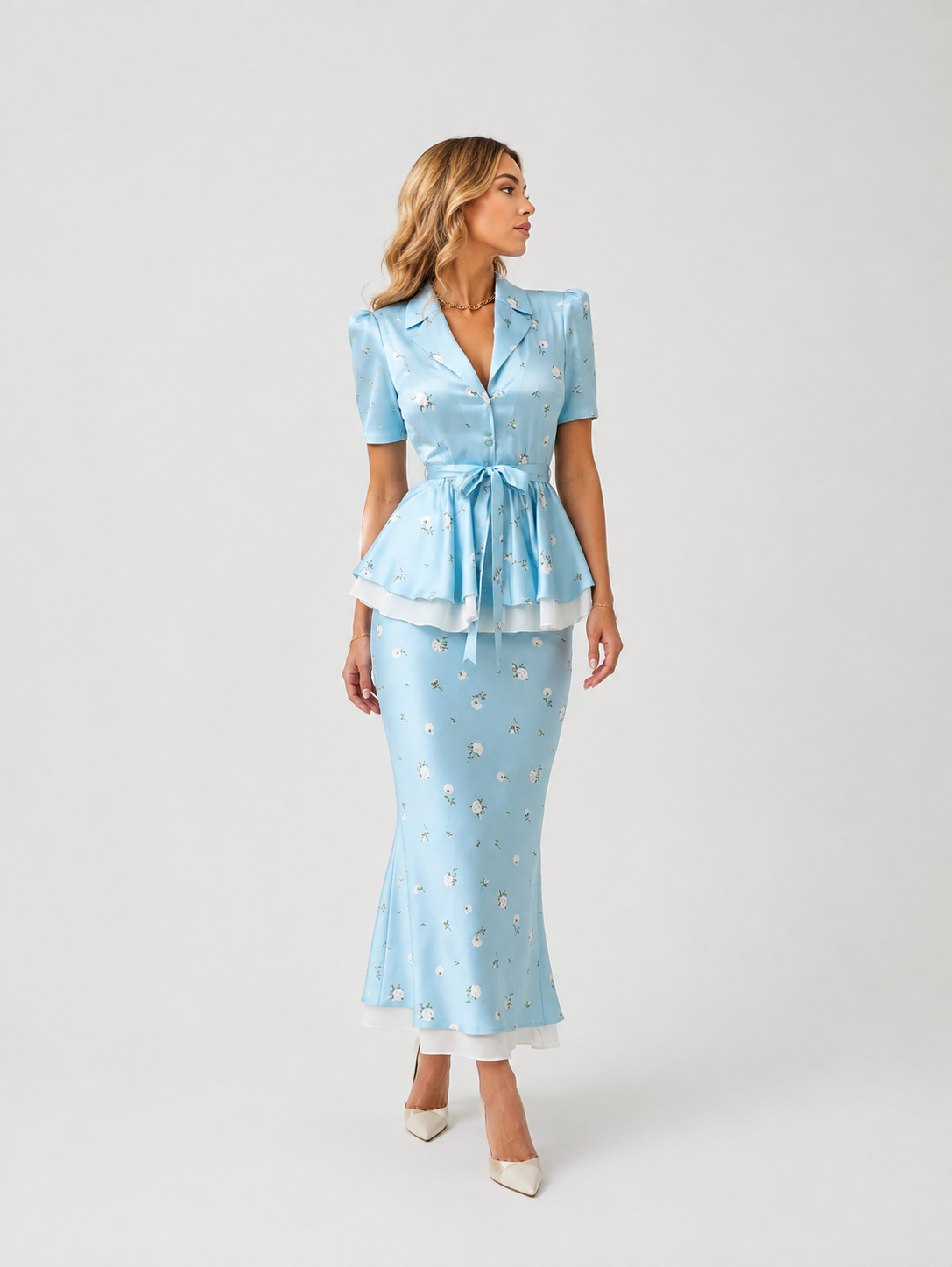 Floral Print V-Neck Peplum Top Dress Set Waist Tie Short Sleeve 2026 Summer Chic Women Co-ord Set Classy Parisian Lady Vestido