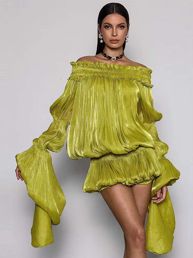 Citrine Pleated Bardot Mini Dress