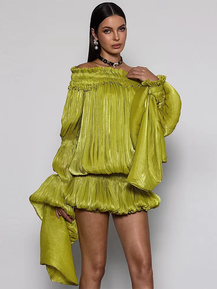 Citrine Pleated Bardot Mini Dress