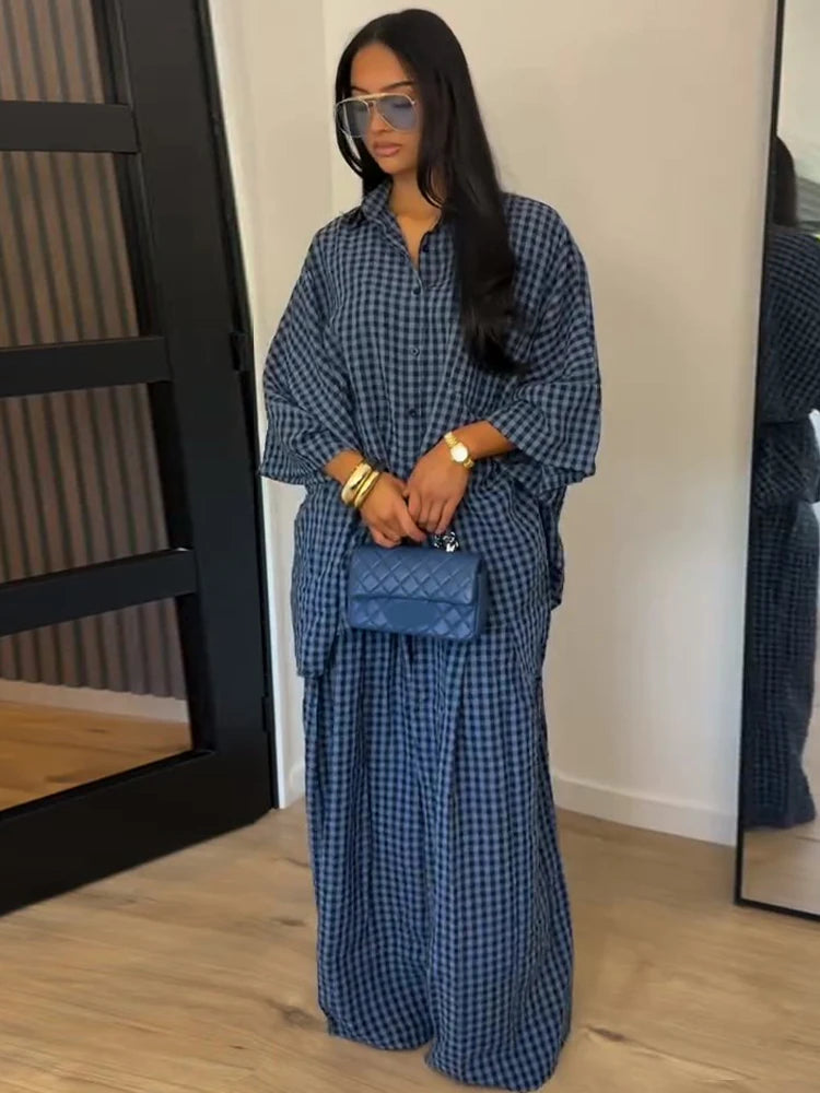Casual Women's Set Three Quarter Sleeve Plus Size Single Breasted Tops Wide Leg Pants 2026 Summer Plaid Women 2-piece Sets