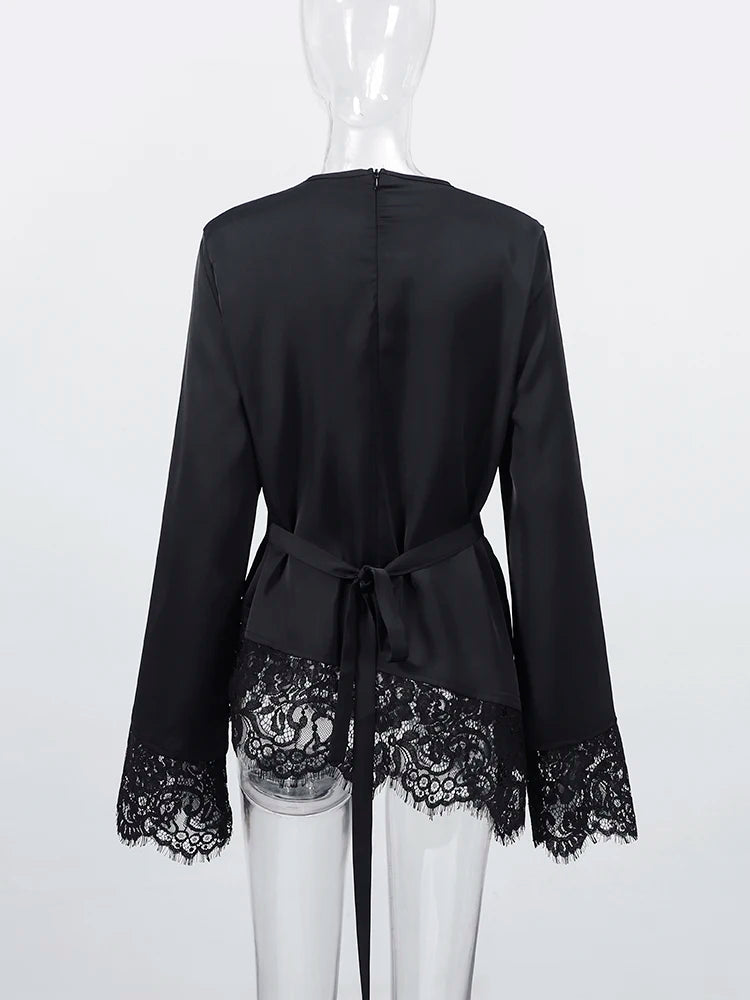 Casual Lace Patchwork Lace-up Tops Women's Slim Belted Waist-cinching Round Neck Pullovers 2026 New Ladies Spring Solid Outwear