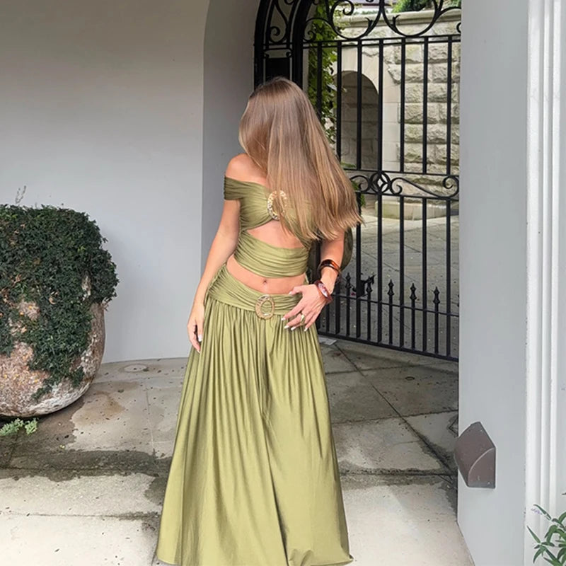 Sexy Olive Green Maxi Skirt Two Piece Set Women Y2k Pleated Off Shoulder Crop Top High Waist Metal Buckle Beach Vacation Outfits