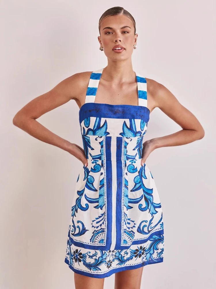 2025 Summer Fashion New Women's Elegant New Printed Bohemian Dress Short Vacation Strap Hot Girl Sexy Color Blocked Dress
