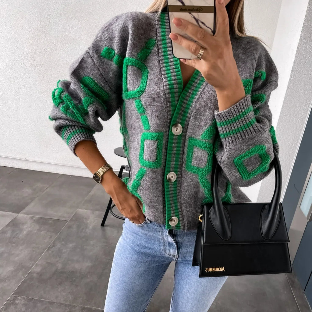 Autumn Winter Jacquard Knitted Coat Women Fashion V-neck Long Sleeve Single Breasted Knitting Cardigan Coats Female Streetwear
