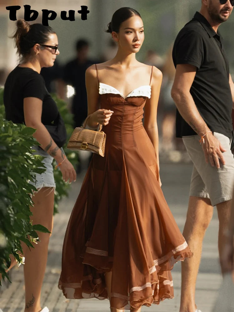 Chic Chiffon Women's Dress Sleeveless Spaghetti Strap Ruffle Hem A-line Gown Female 2026 Elegant Summer Lady Vacation Party Robe