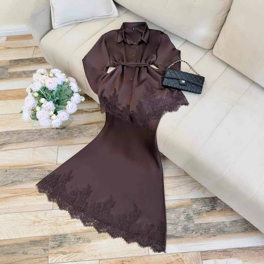 Women Two Piece Sets Skirt Set Turn Down Collar Lace Sexy Full Sleeve Tops Long Skirts High Waist Y2k Streetwear Elegant Work