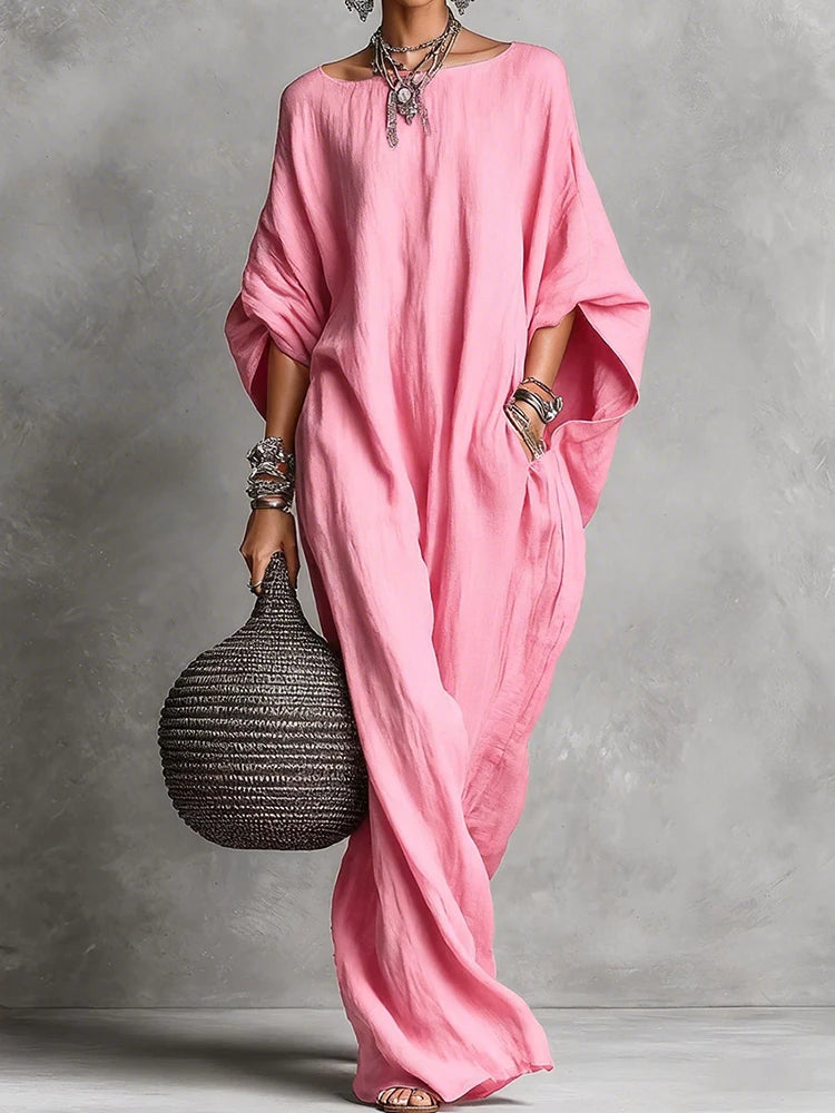 Three Quarter Batwing Sleeve Loose Party Dress, Women Spring Summer O Neck Simple Maxi Dress, Holiday Solid Elegant Ladies Dress