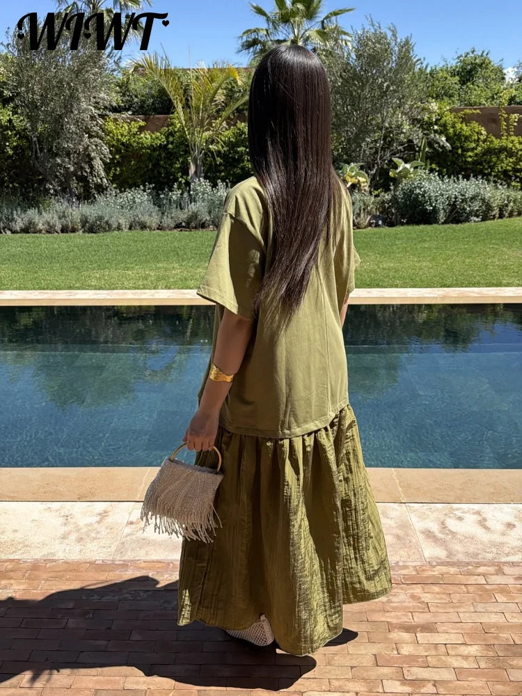 Loose Patchwork Women's Pleated Dresses Fashion Short Sleeve O-neck Long Robes 2026 Summer New Female Elegant Casual Dress