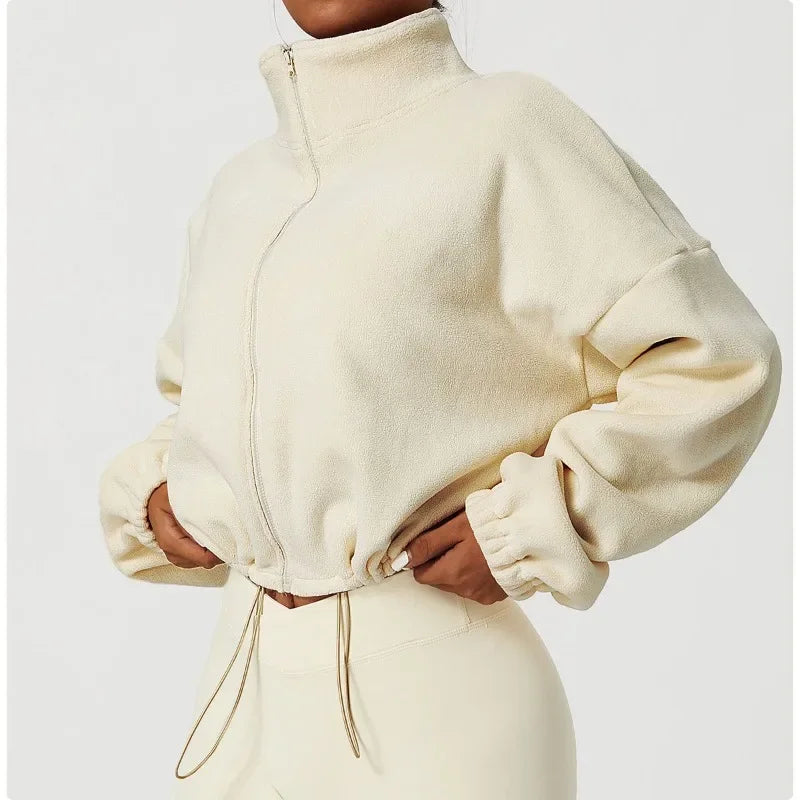 Women Loose Cropped Jacket Loose Zipper Sweatshirt Y2k Long Sleeve Coat Cardigan Sportswear Streetwear Drawstring Tops Clothing