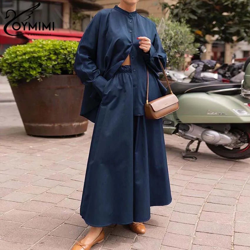 Oymimi Fashion Black Two Piece Set For Women Casual O-Neck Long Sleeve Button Shirts And High Waist Loose Pockets Trousers Sets