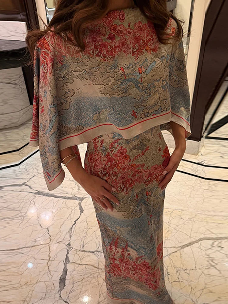 Tropical Leaf Print Cape Two Piece Set