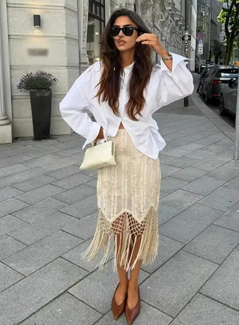 Women's Embroidery Tassel Mini Skirt Chic Patchwork Low Waist Irregular Tassel Skirts 2026 Summer Vacation Casual Street Outfits