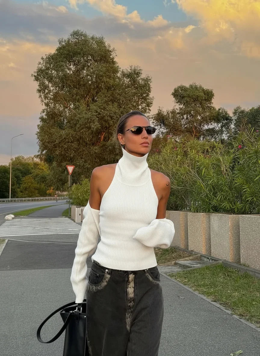 Knitted Turtleneck Backless Sweater Vest Pullover
