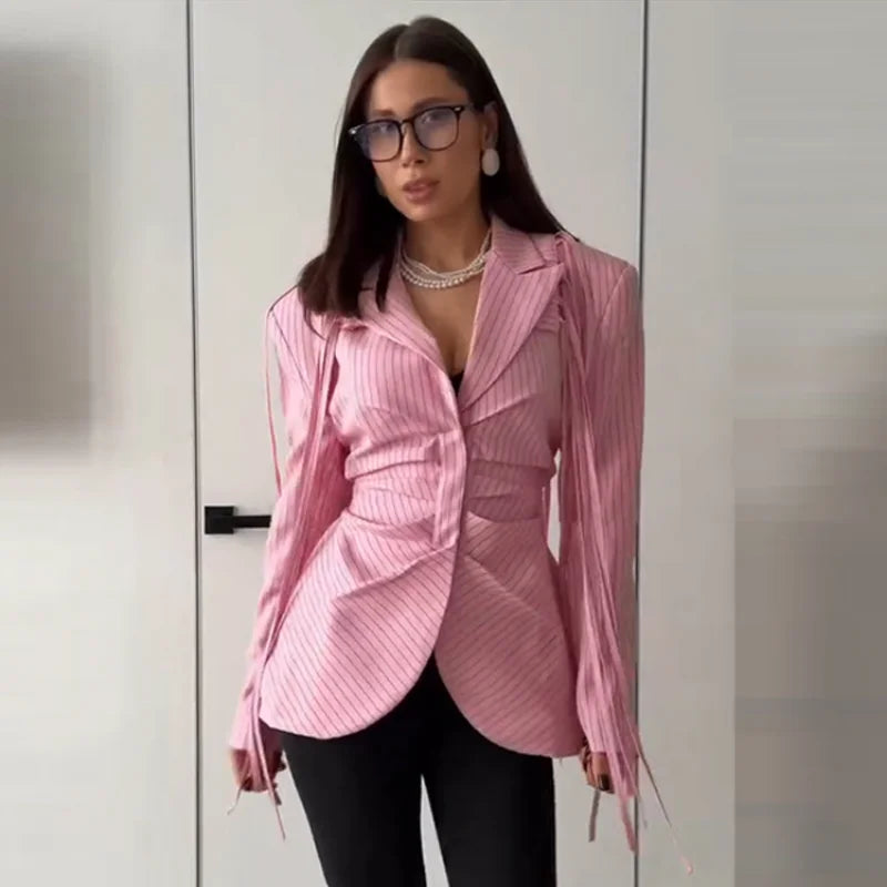 Chic Women Striped Shirt Lace Up Lapel Ruffles Long Seeve Covered Buttons Female Blouse Fashion Solid Office Outwear 2026 Spring