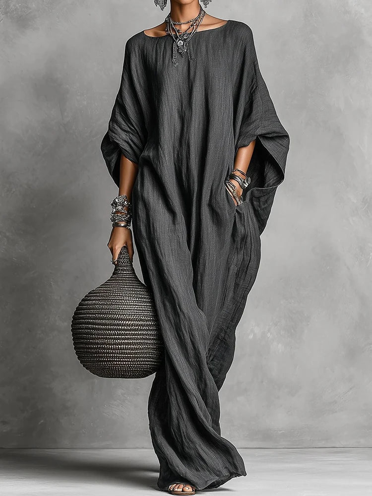 Three Quarter Batwing Sleeve Loose Party Dress, Women Spring Summer O Neck Simple Maxi Dress, Holiday Solid Elegant Ladies Dress