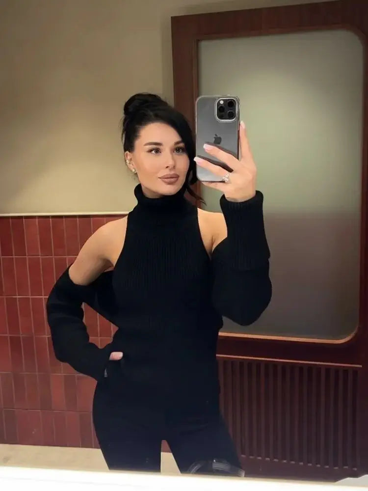 Women's Grey Knitted Turtleneck Backless Sweater Matching Sets Vest Pullovers Winter Autumn Clothing Black Brown White Pink Blue
