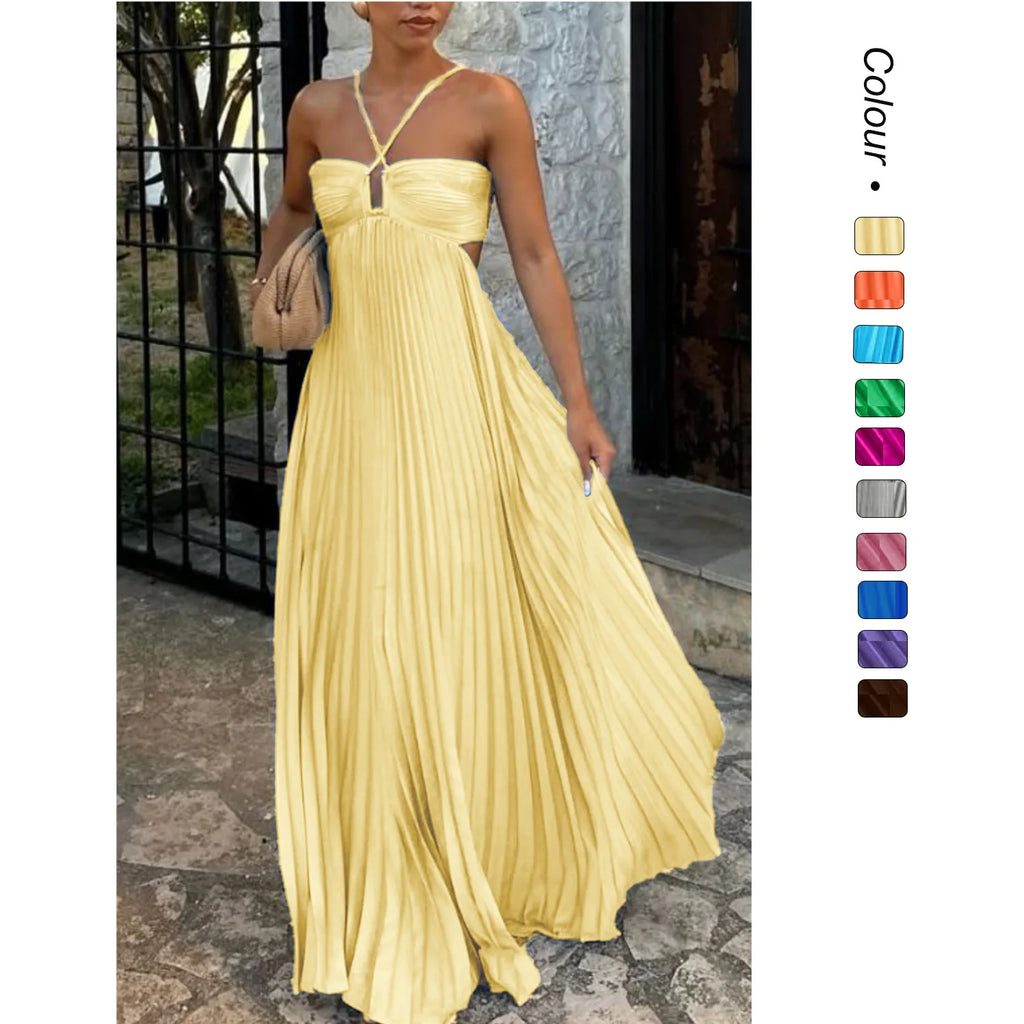 Summer 2025 Elegant Pure Color Strapless Pleated Midi Dress V-neck High-waisted Sleeveless Polyester Long Dress