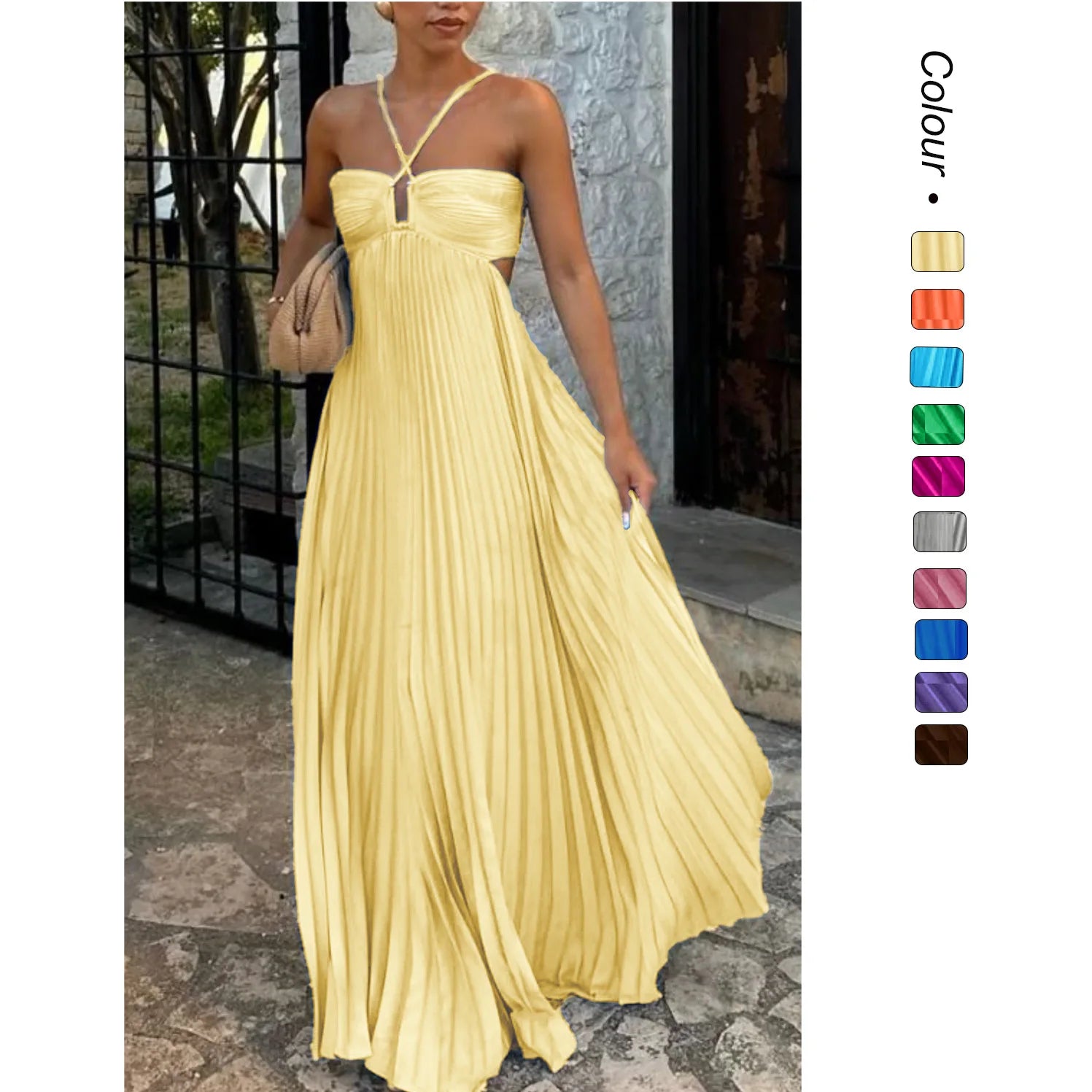 Summer 2025 Elegant Pure Color Strapless Pleated Midi Dress V-neck High-waisted Sleeveless Polyester Long Dress