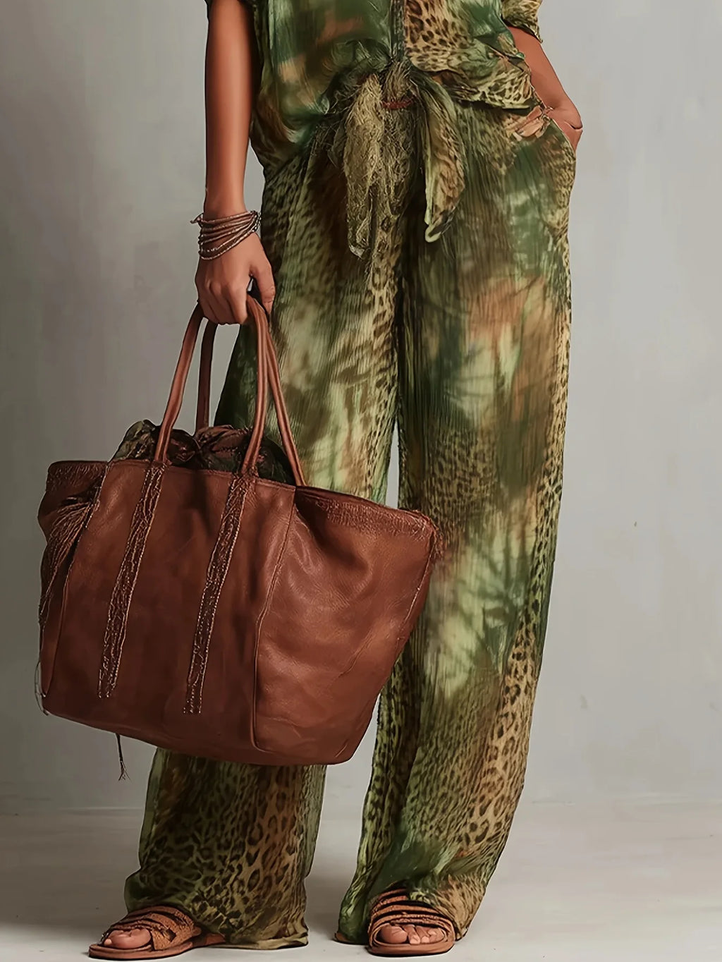 Vintage Women Leopard Print Two Piece Set Elegant Printing V Neck Short Sleeve Knot Front Blouse Wide Leg Pants Suit Outfit