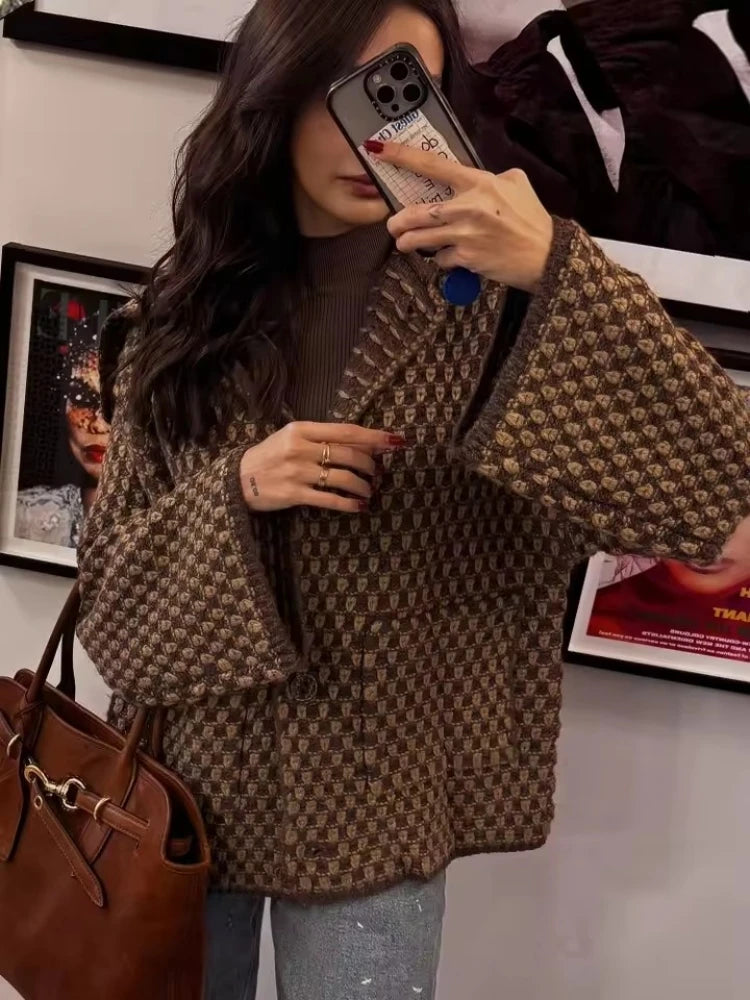 2026 New Autumn Brown Long Sleeve Knitted Cardigans Women Elegant Lapel Single Breasted Loose Sweater Coat Knitwear Korean Style