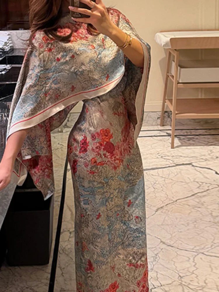 Tropical Leaf Print Cape Two Piece Set