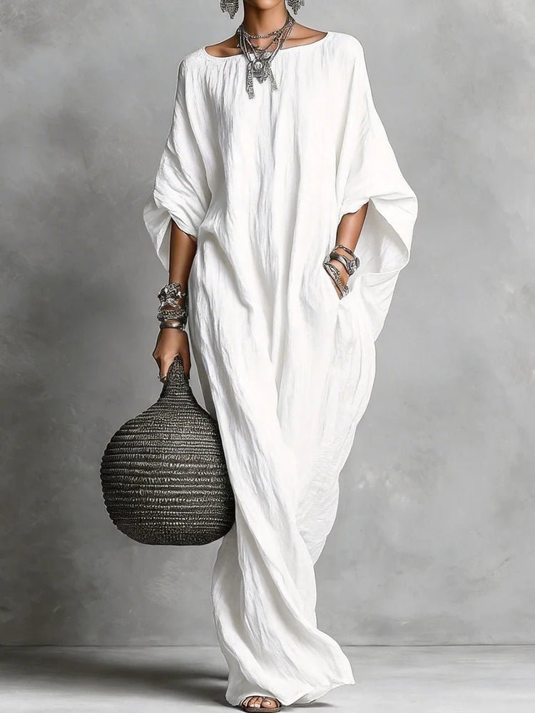 Three Quarter Batwing Sleeve Loose Party Dress, Women Spring Summer O Neck Simple Maxi Dress, Holiday Solid Elegant Ladies Dress