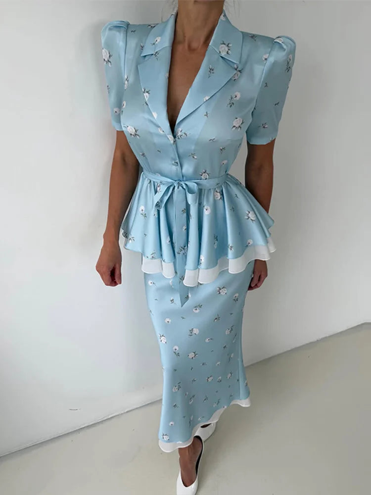 Floral Print V-Neck Peplum Top Dress Set Waist Tie Short Sleeve 2026 Summer Chic Women Co-ord Set Classy Parisian Lady Vestido
