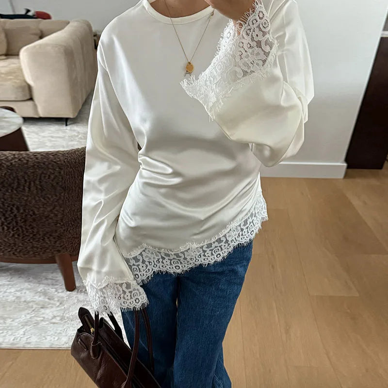 Casual Lace Patchwork Lace-up Tops Women's Slim Belted Waist-cinching Round Neck Pullovers 2026 New Ladies Spring Solid Outwear