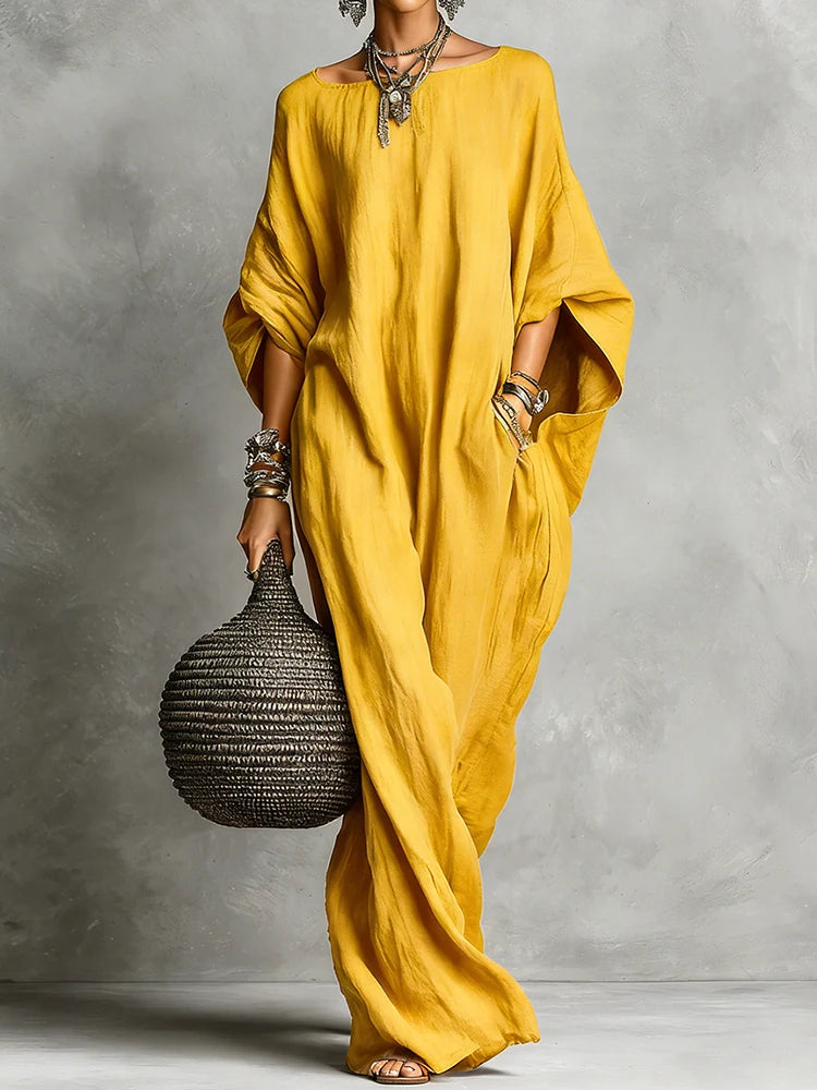 Three Quarter Batwing Sleeve Loose Party Dress, Women Spring Summer O Neck Simple Maxi Dress, Holiday Solid Elegant Ladies Dress
