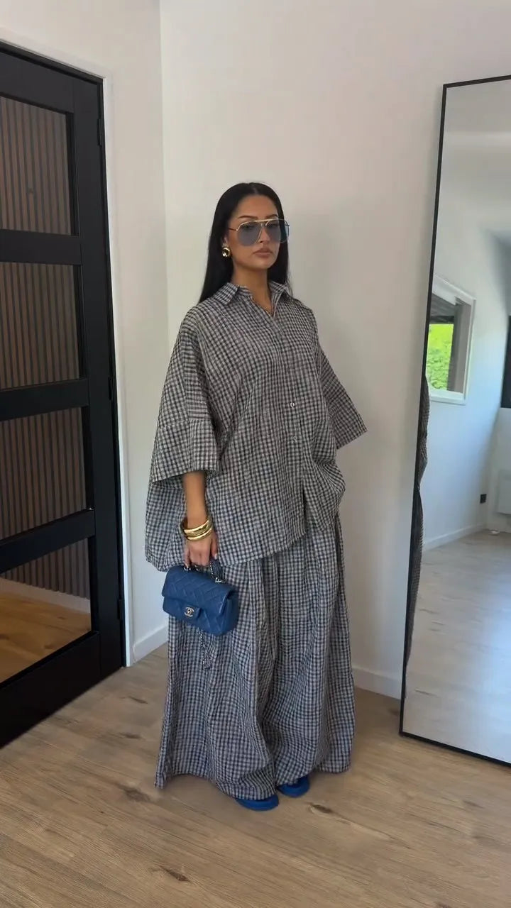 Casual Women's Set Three Quarter Sleeve Plus Size Single Breasted Tops Wide Leg Pants 2026 Summer Plaid Women 2-piece Sets