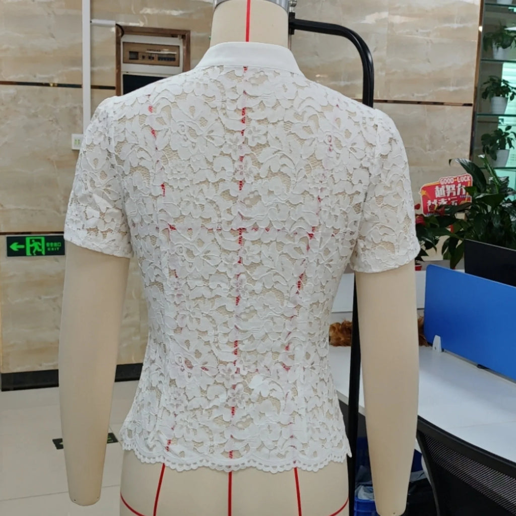 Women's Summer Short Sleeve Mandarin Collar Button Up Shirt Elegant Floral Lace Front Frog Button Closures Mesh Top for Party