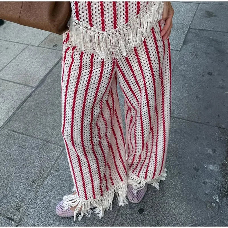 Color Contrast Stripes Knit Tassel Set Hollow Cutout Halter Neck Tie Cami Top Wide Leg Pants Women Fashion 2026 Autumn Outfits