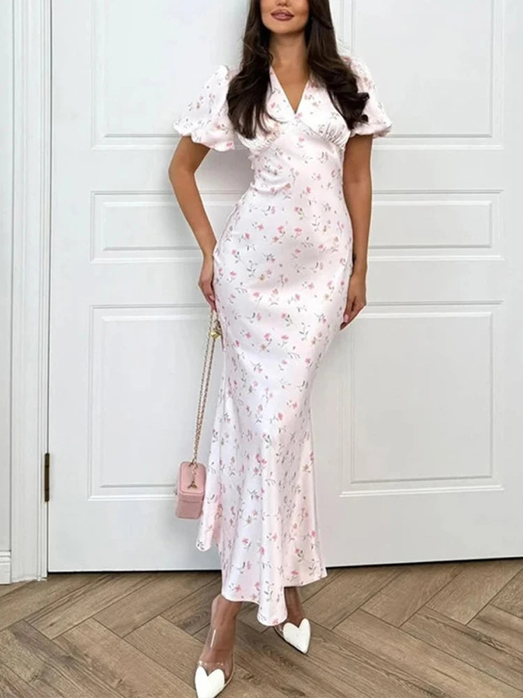 Printed Floral Print Elegant Long Dress For Women Short Sleeve V Neck Fashion Slim Dress Satin Commuting Banquet Female Dress