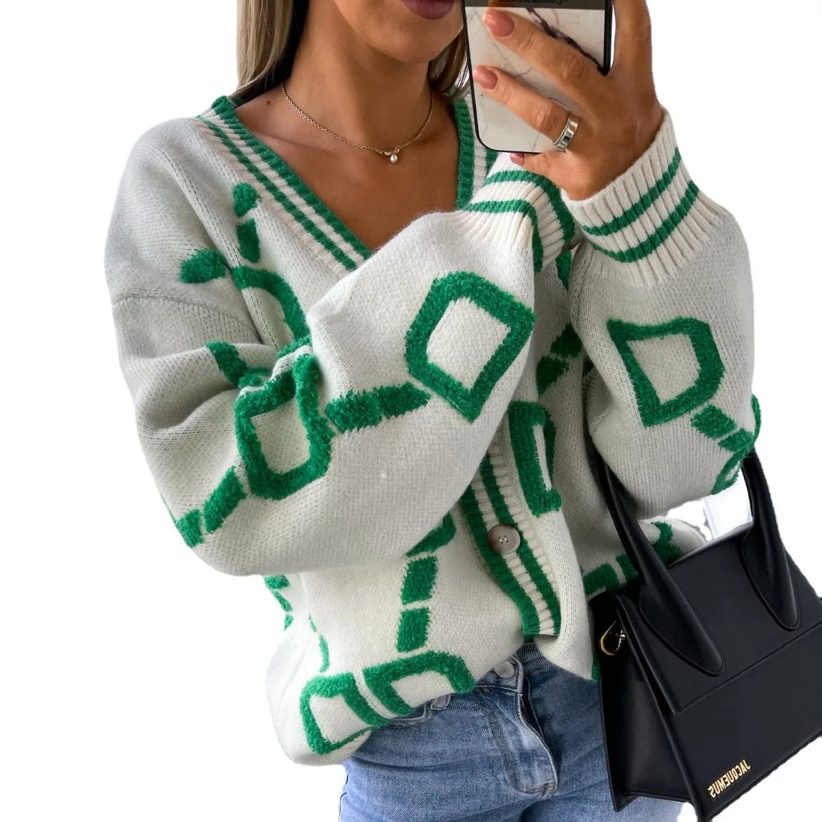 Autumn Winter Jacquard Knitted Coat Women Fashion V-neck Long Sleeve Single Breasted Knitting Cardigan Coats Female Streetwear
