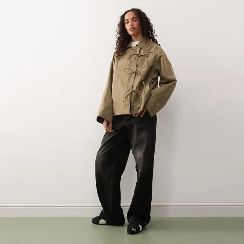 Stylish Cool Jackets Bow Tie Loose Lapel Pocket Coat Casual Vintage Women's Chic Versatile Outerwears Autumn Female Clothing