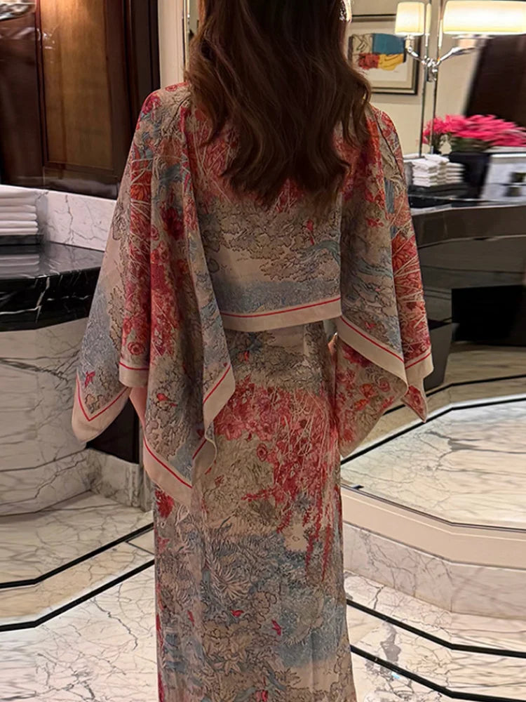 Tropical Leaf Print Cape Two Piece Set